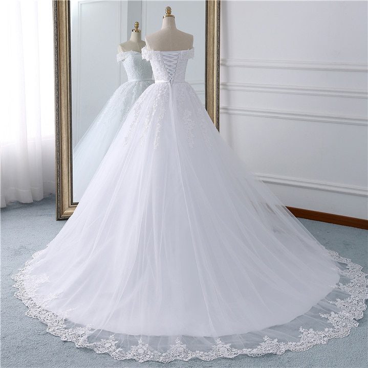 Elegant Boat Neck Off The Shoulder Princess Lace Embroidery Wedding Dress