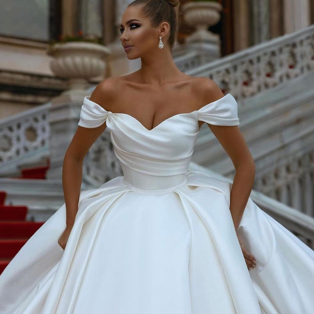 White Off Shoulder Sweep Train Lace Up Back Satin Wedding Dress