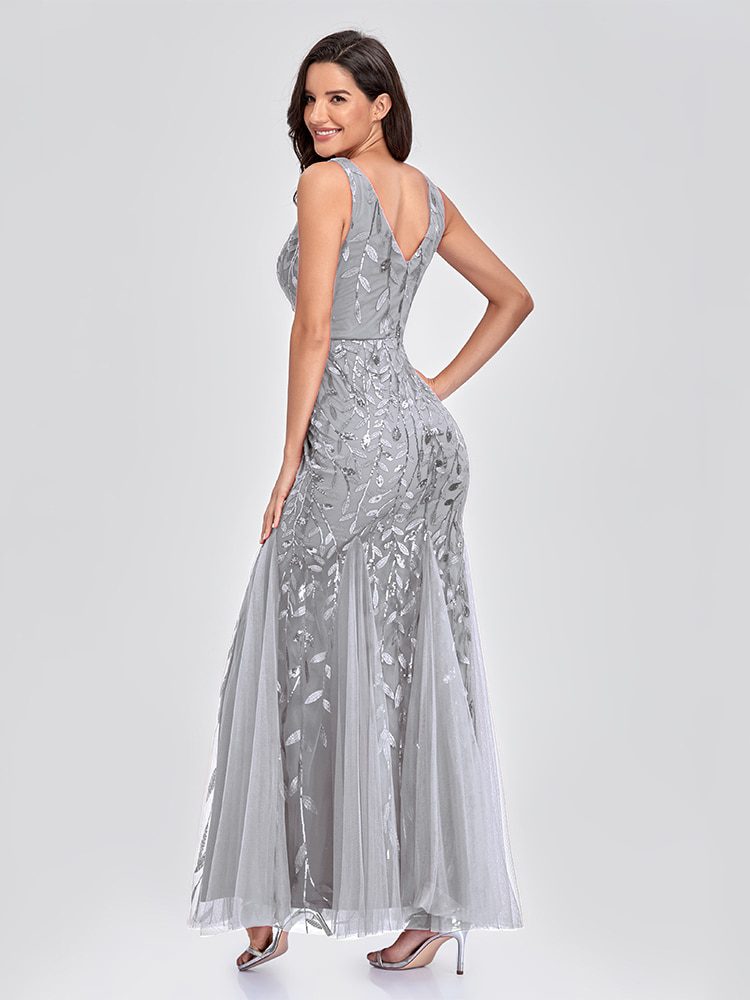 Sleeveless V-Neck Tulle Sequins V-Back Mermaid Bridesmaid Dress