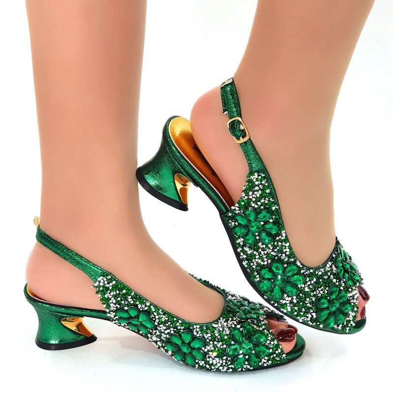 Green Color Floral Full Diamond High Heel Wedding Banquet Sandals