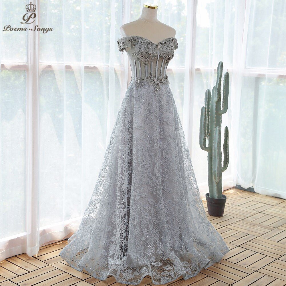 Elegant sequin lace gray flowers Evening dress  prom dresses evening gowns vestidos de fiesta robe de soirée de mariage