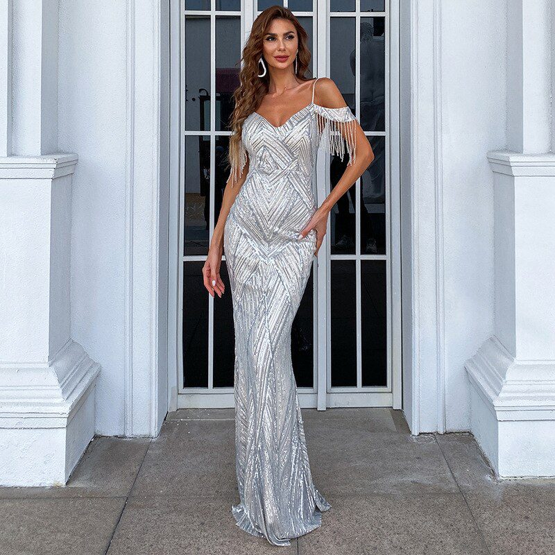 Women Elegant Off Shoulder Luxury Evening Dress Sexy Sequin Mermaid Dress Spaghetti Straps Silver Beading Long Party Dress New