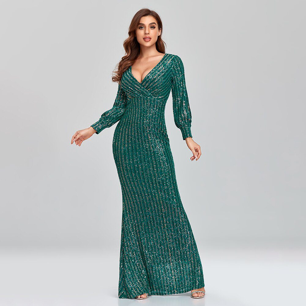 2022 New Women Elegant V-neck Mermaid Evening Dress Floor Length Formal Prom Party Gown Sequins Long Sleeve Galadress Vestidos