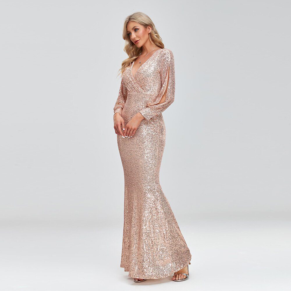 2022 New Women Elegant V-neck Mermaid Evening Dress Floor Length Formal Prom Party Gown Sequins Long Sleeve Galadress Vestidos
