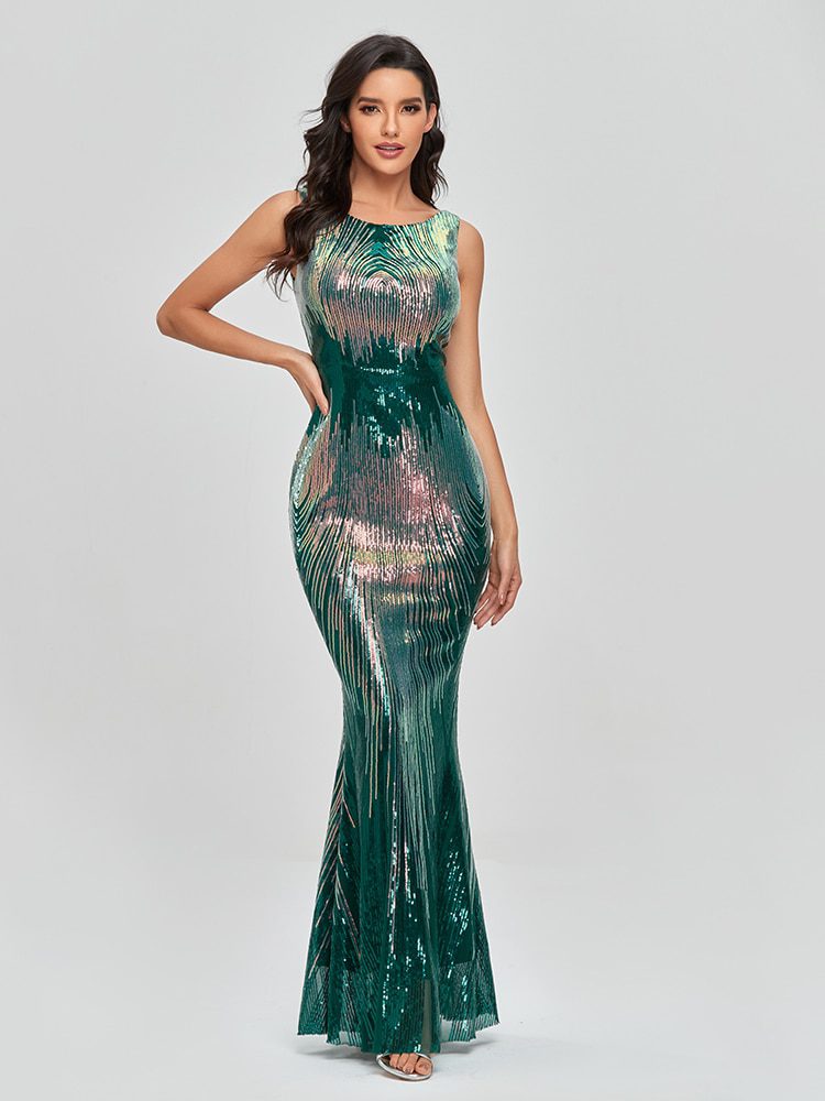 Sleeveless O-neck Evening Party Dress Shinning Sequins Mermaid Prom Gowns Elegant Slim Robe De Soriee Women Full Dress 2021 New