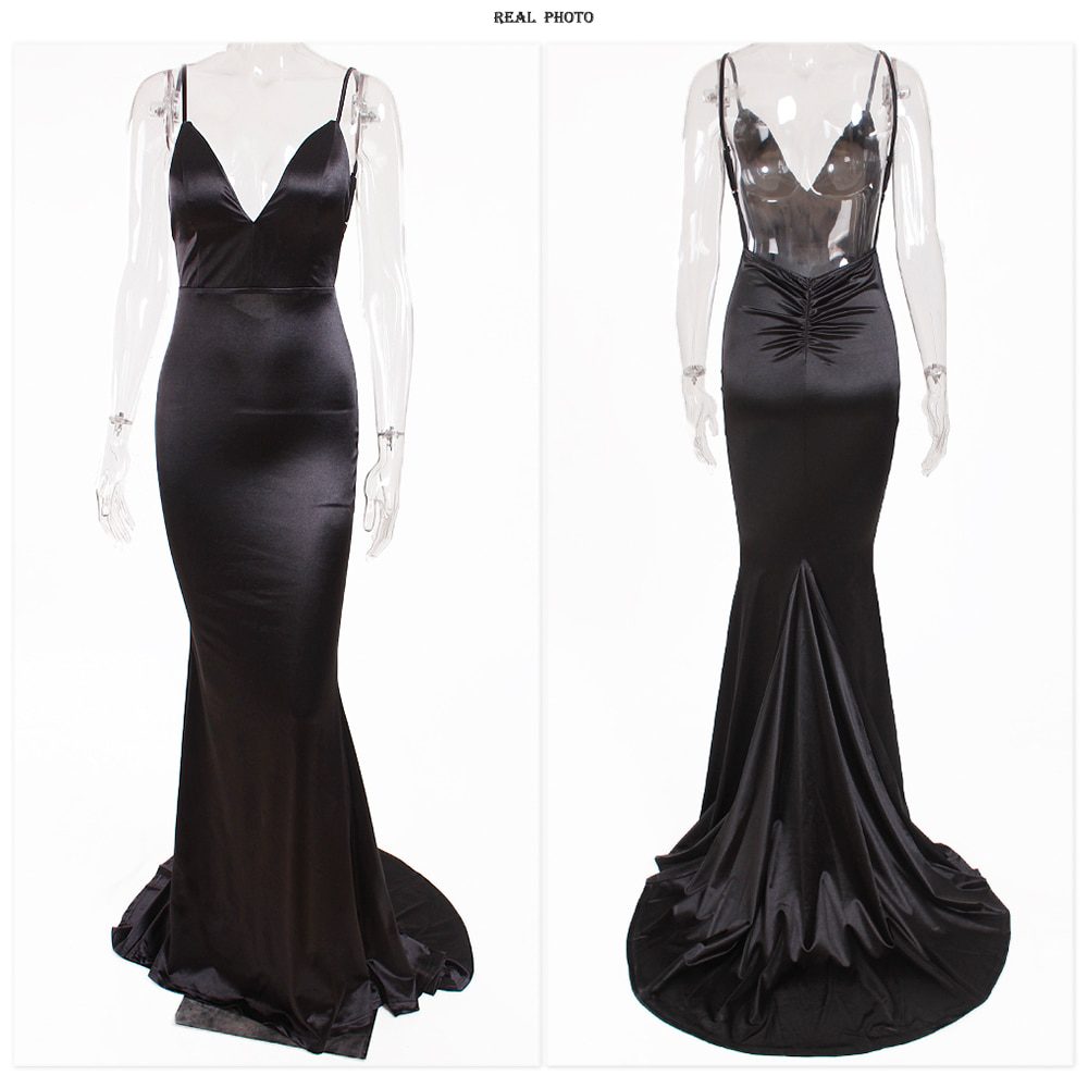Backless Satin Evening Dress Gown Strappy Deep V Neck Floor Length Prom Padded Stretch Wedding Party Dresses