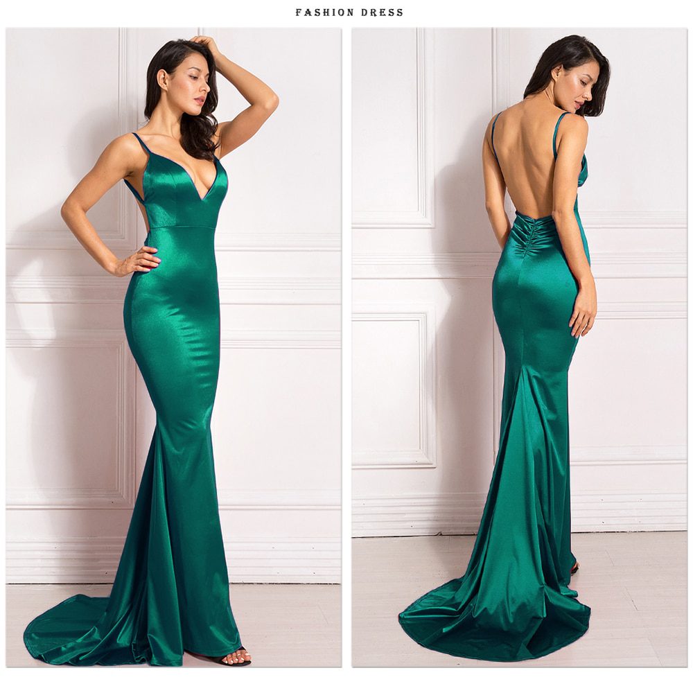 Backless Satin Evening Dress Gown Strappy Deep V Neck Floor Length Prom Padded Stretch Wedding Party Dresses