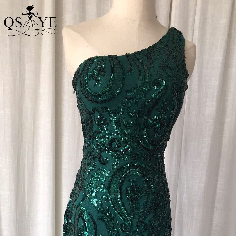 One Shoulder Emerald Green Sequined Long Mermaid Bridesmaid Dress