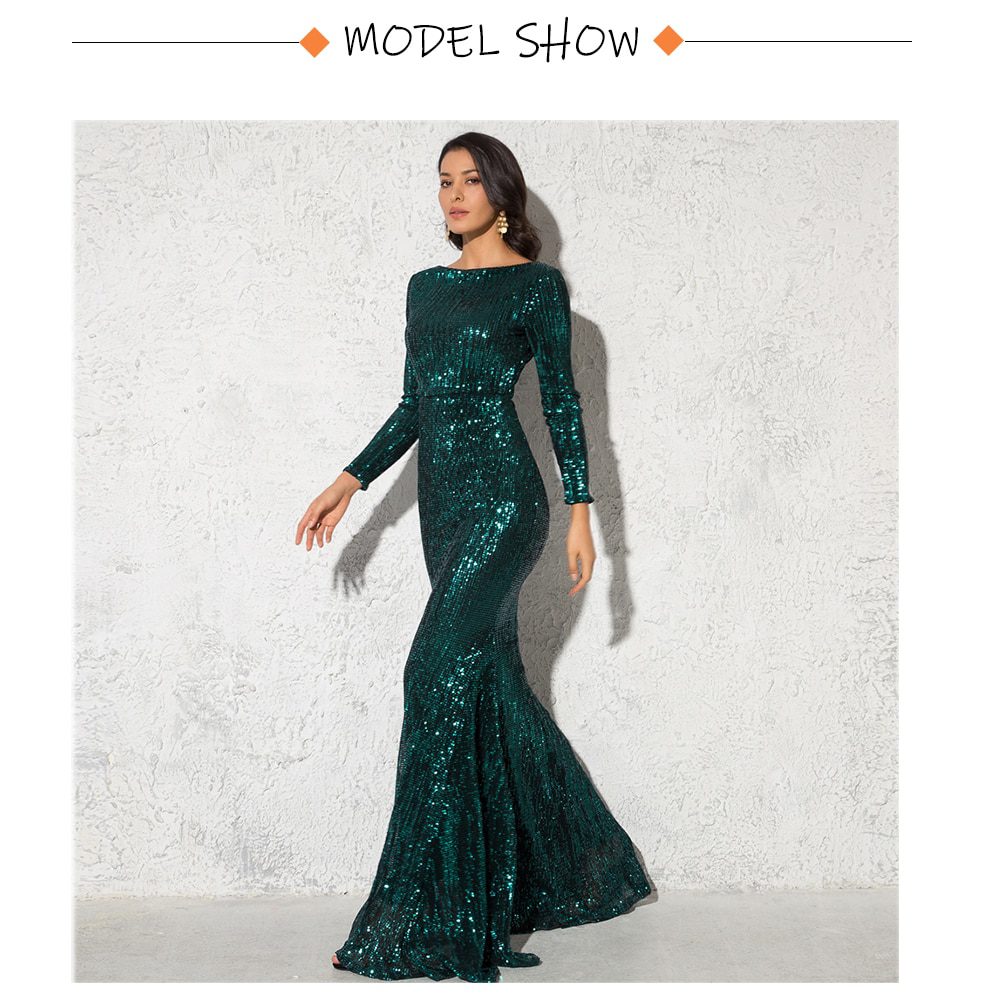 Green Long Sleeve O Neck Stretch Mermaid Sequin Wedding Party Dress