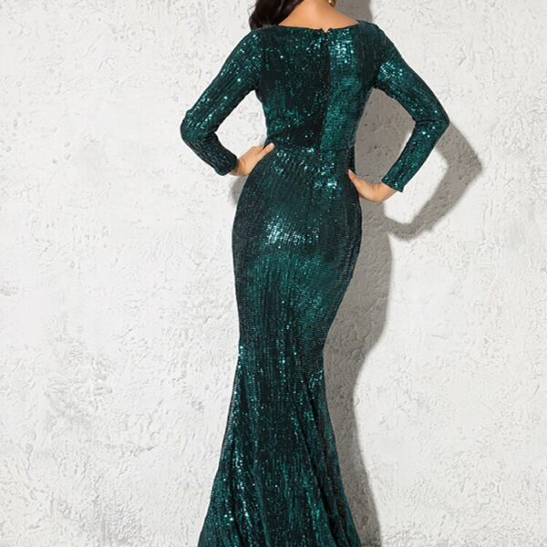 Green Long Sleeve O Neck Stretch Mermaid Sequin Wedding Party Dress