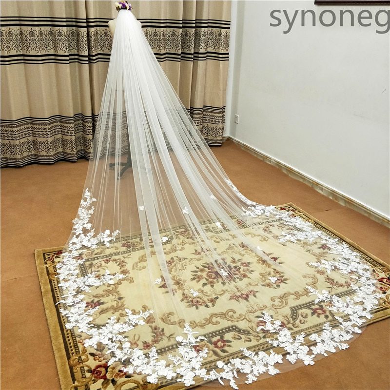 3m.4m.5m One Layer Lace Edge Appliqued Wedding Veil With Comb