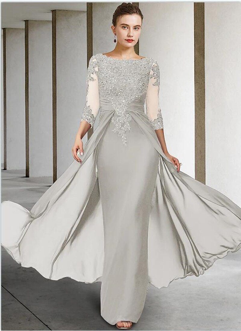 O Neck Chiffon Lace Applique Long Sleeve Mother Of The Bride Dress