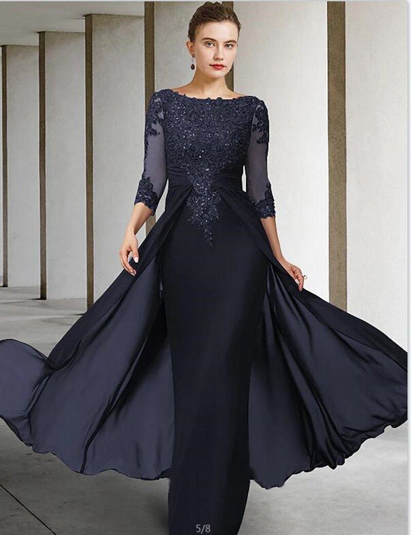 O Neck Chiffon Lace Applique Long Sleeve Mother Of The Bride Dress