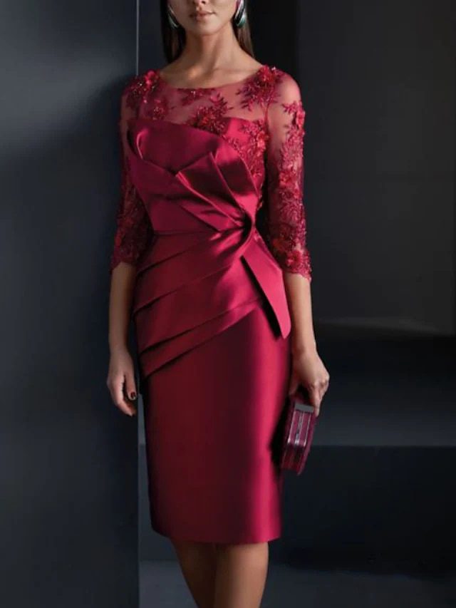 Elegant Burgundy Satin 3/4 Sleeve With Appliques Mother Of The Bride Dress