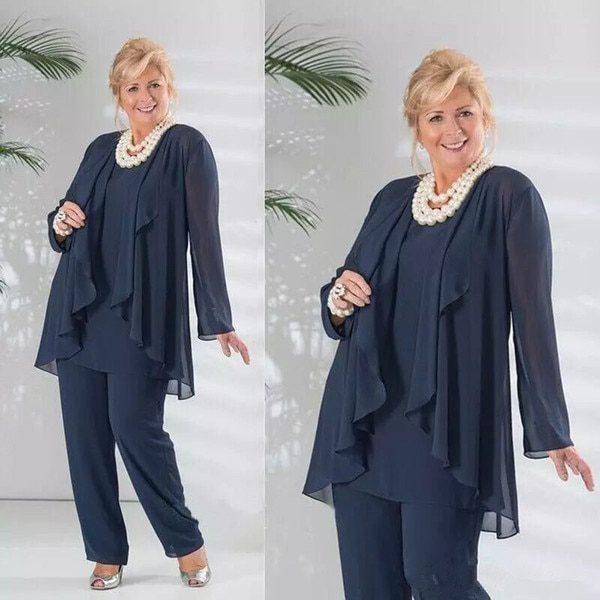 Dark Navy Three Pieces Chiffon Long Sleeve Mother Of The Bride Jacket Pants Suit