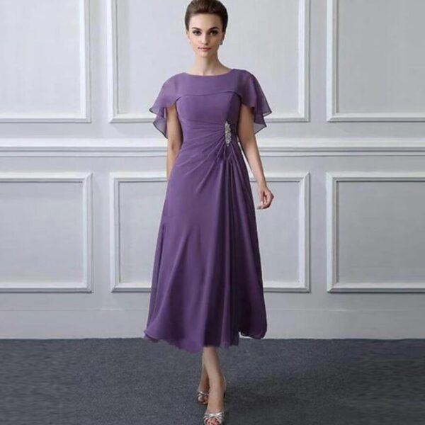 Purple Tea Length Chiffon Mother Of The Bride Dress