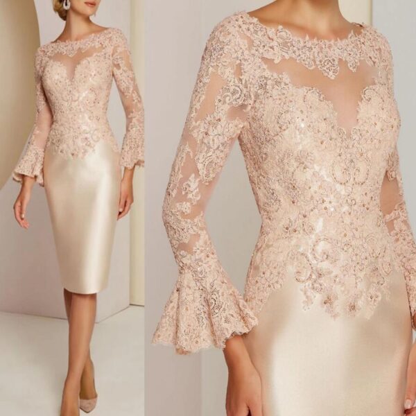 Champagne Lace Long Sleeve Beads Knee Length Mother Of The Bride Dress