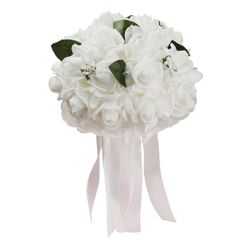 Artificial Silk Rose Flowers With Lace Wedding Bouquet