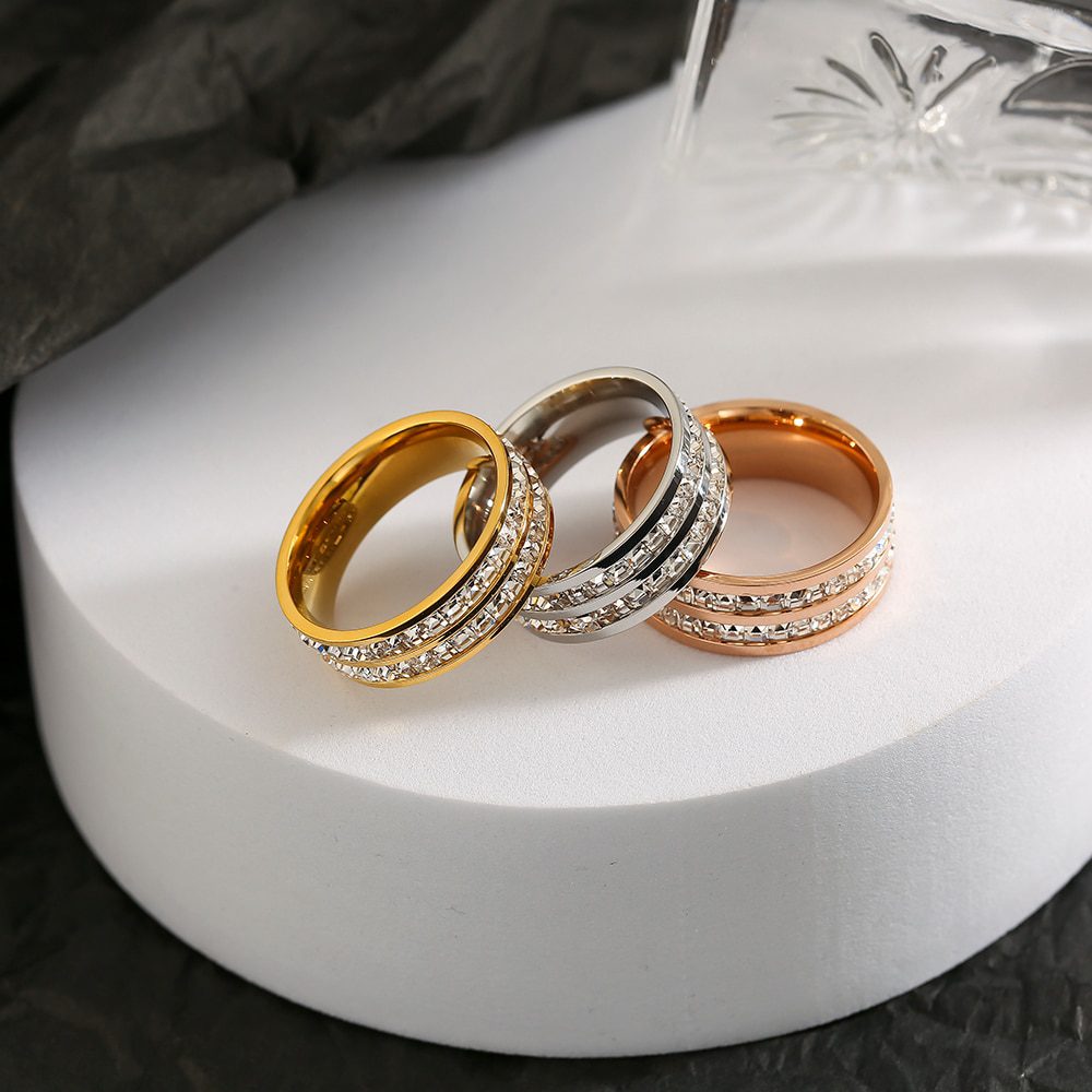Rose Gold Color Double Row Square Zircon Stainless Steel Romantic Ring