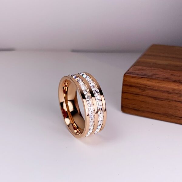 Rose Gold Color Double Row Square Zircon Stainless Steel Romantic Ring