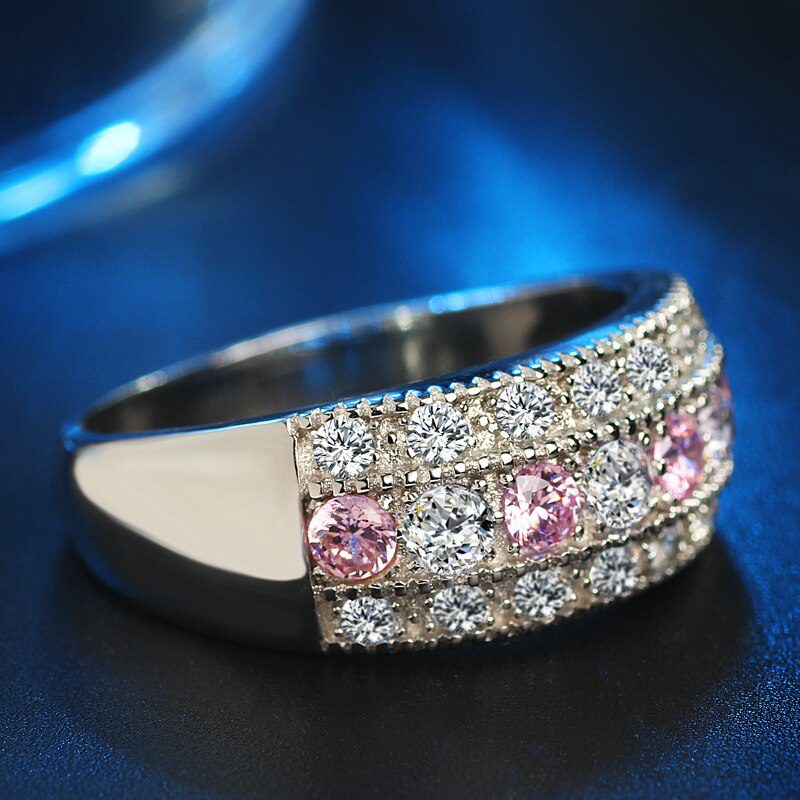 Pink Crystal Engagement Ring With Silver Color