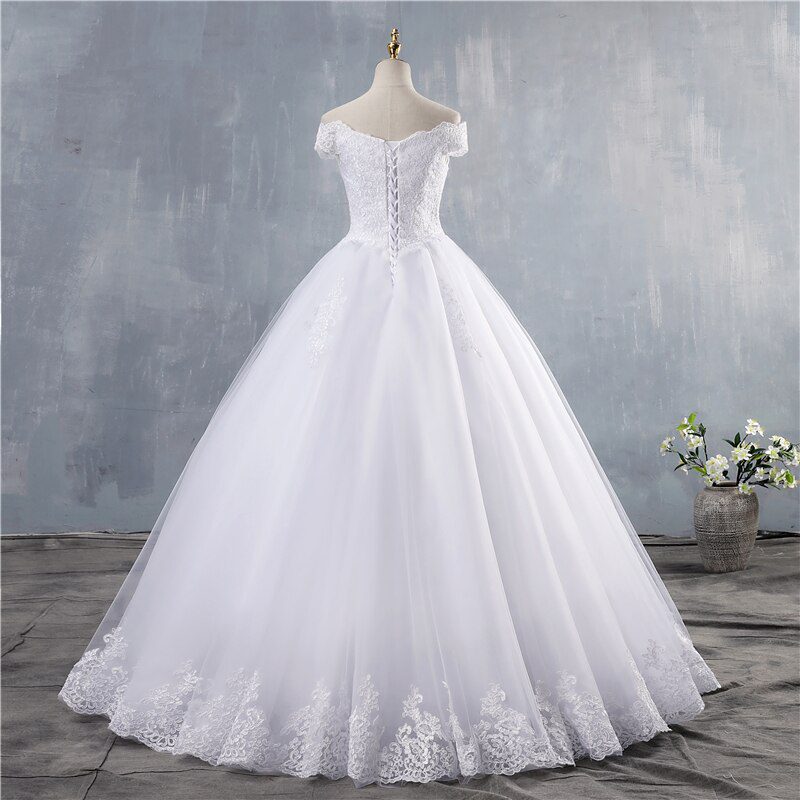 White Ivory Lace Appliques Off The Shoulder Short Sleeve Wedding Dress