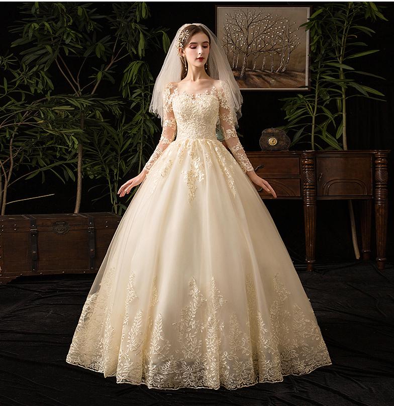 Vintage O Neck Full Sleeve Illusion Lace Embroidery Wedding Dress