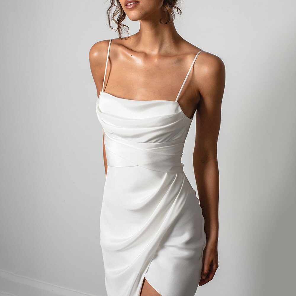 Spaghetti Straps High Slit Satin Backless Plain Sweep Train Simple Mermaid White Wedding Dress