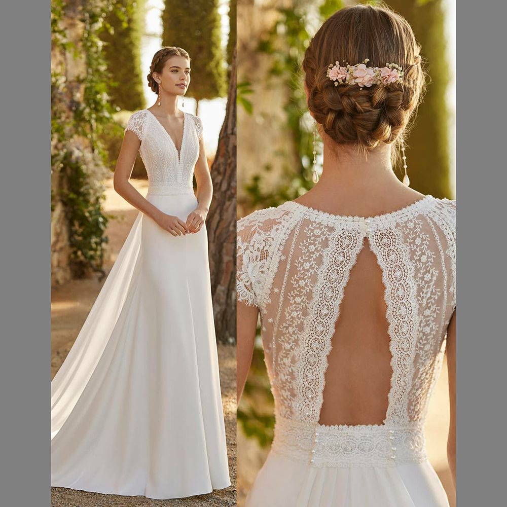 Ivory Lace V-Neck Cap Sleeves Satin Modern Wedding Dress With Detachable Train