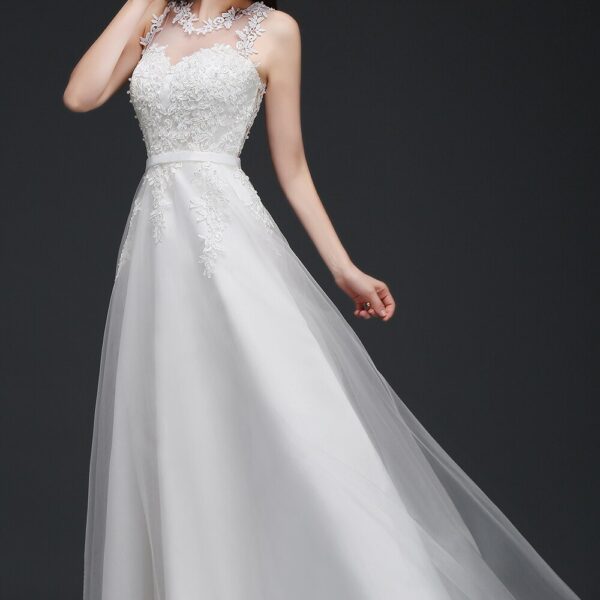 Elegant Lace Sleeveless Illusion White Appliques A Line Wedding Dress