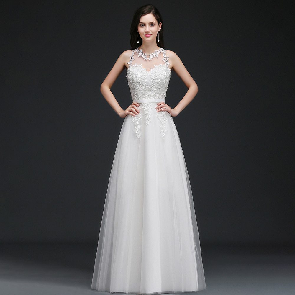 Elegant Lace Sleeveless Illusion White Appliques A Line Wedding Dress