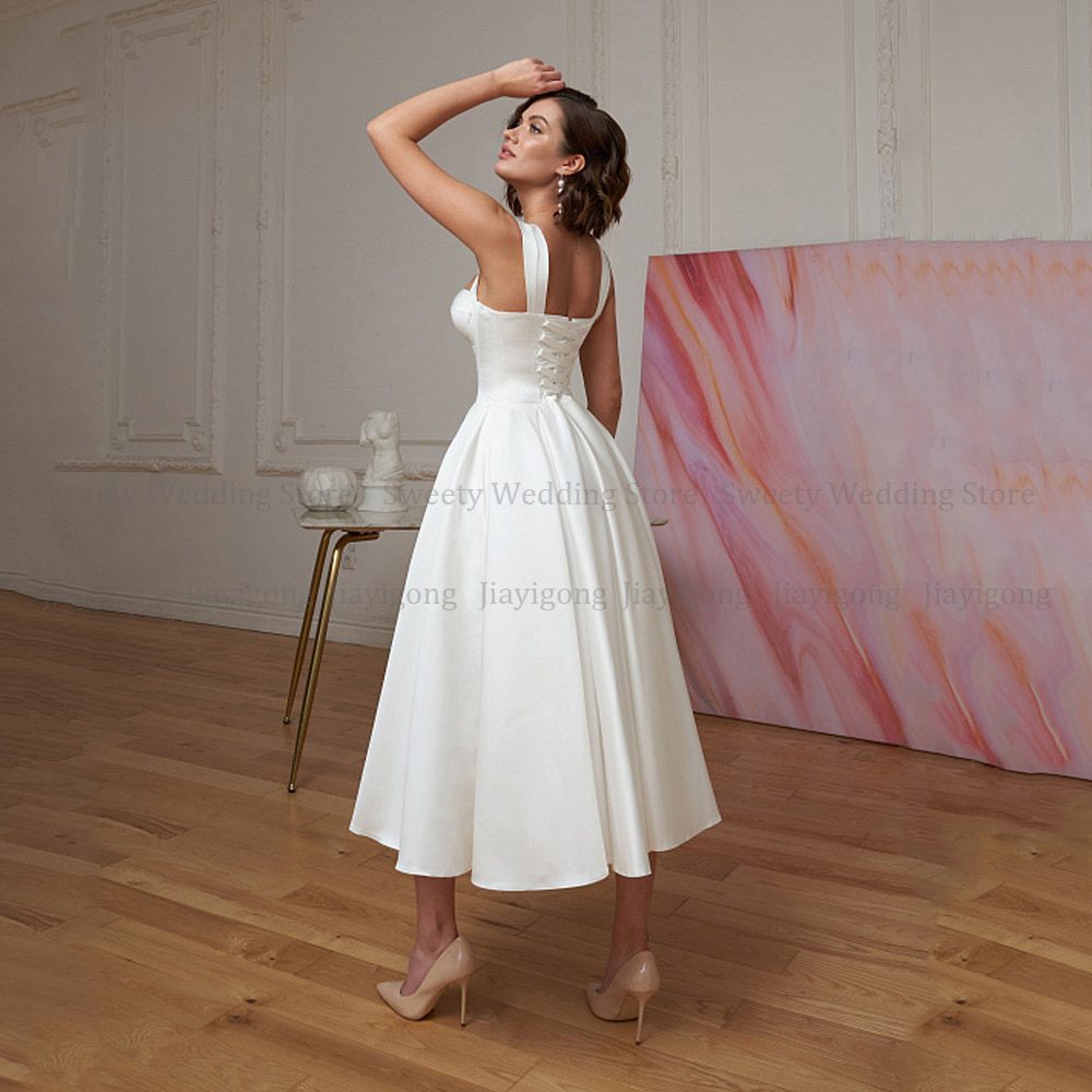 Sweetheart Sleeveless Simple Modern Mid-Calf Satin Bride Backless Short Wedding Dress