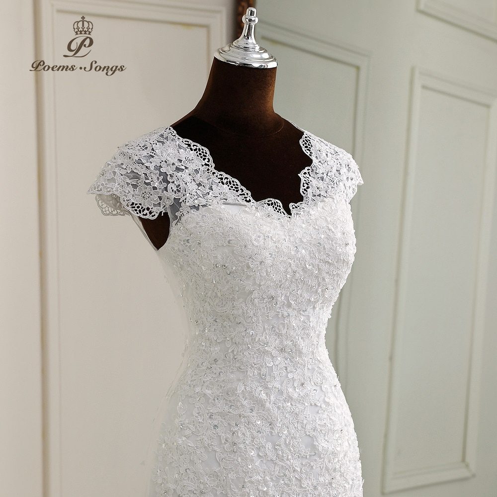 Elegant White Cap Sleeves Lace Appliques Mermaid Wedding Dress