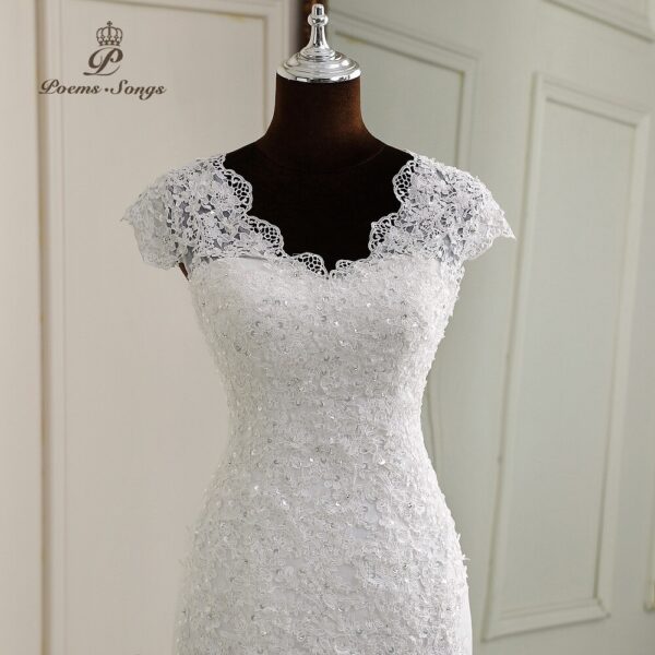 Elegant White Cap Sleeves Lace Appliques Mermaid Wedding Dress