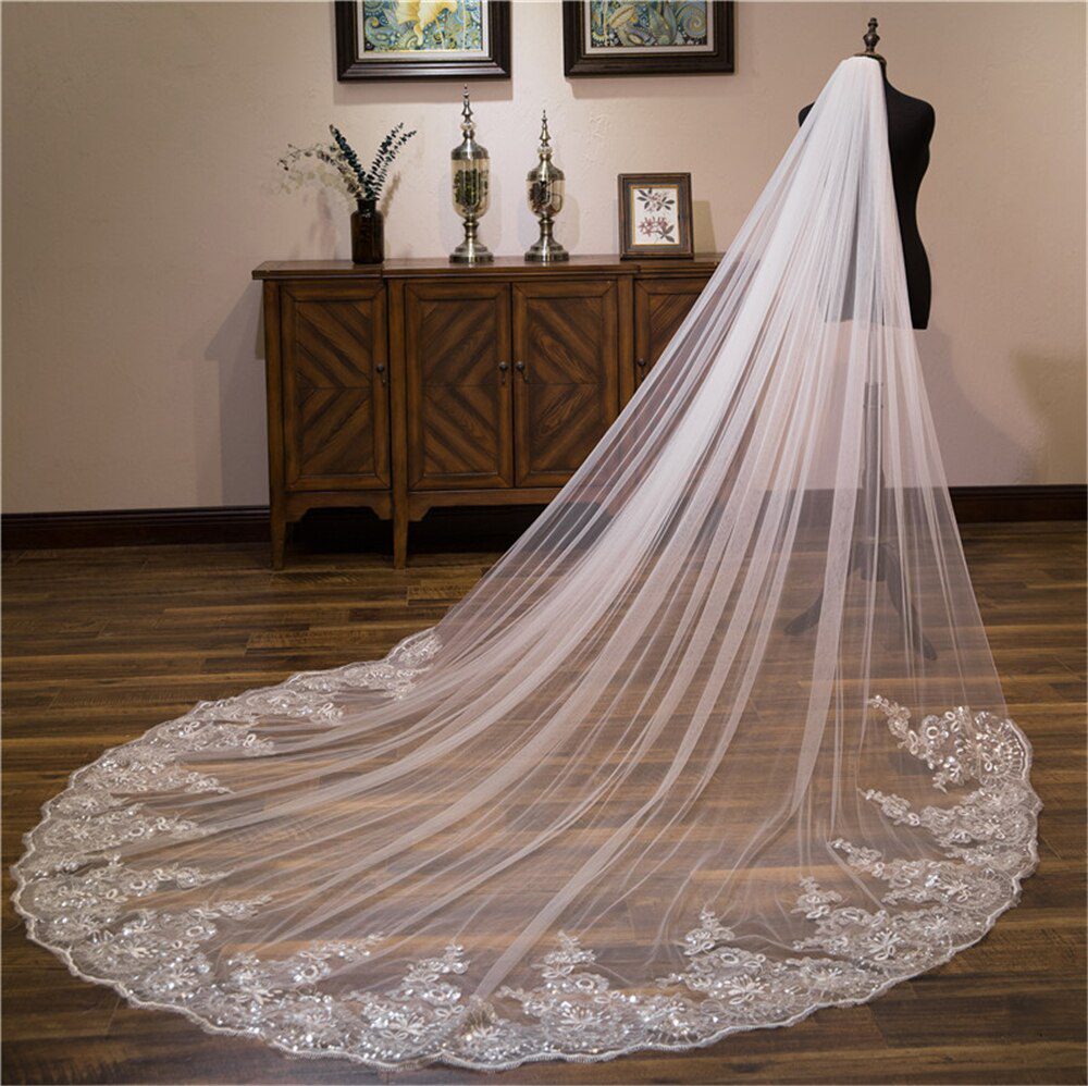 Wedding Veil Lace Edge Long Luxurious Bridal Veil Applique Sequins White/Ivory Veil With Comb Cathedral One-Layer 3Meters