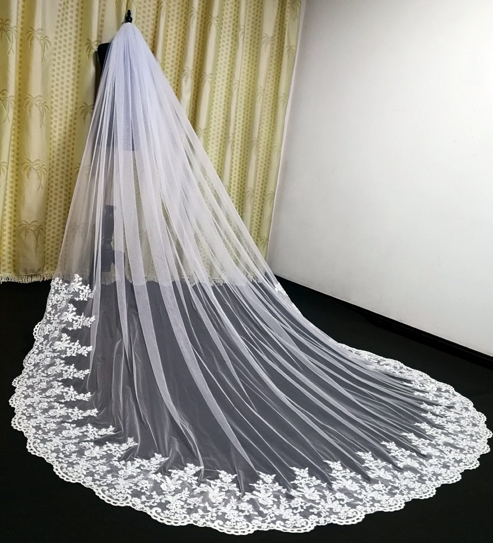 Real Photos Tulle Applique Cathedral Wedding Bride Veil White Ivory White Veil Hand Stitched Metal Comb