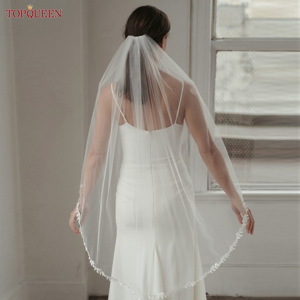 TOPQUEEN V129 Wedding Veil Lace Edge Bridal Veils 3M White Ivory Wedding Veil Thin Scallop Lace Trim Cathedral Mantilla Veu