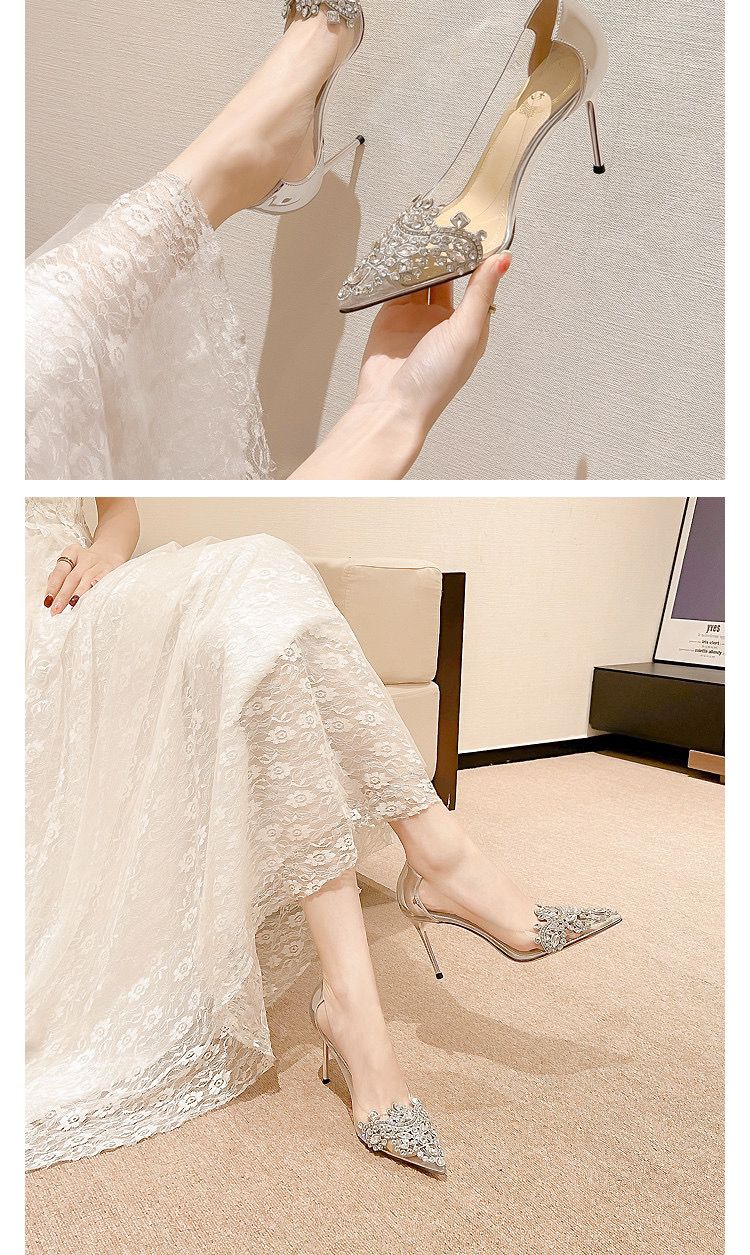 Pointed toe stiletto women's high heels women's shoes fashion women's shoes wedding shoes high heel 8cm transparent bow gemstone