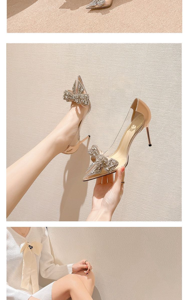 Pointed toe stiletto women's high heels women's shoes fashion women's shoes wedding shoes high heel 8cm transparent bow gemstone