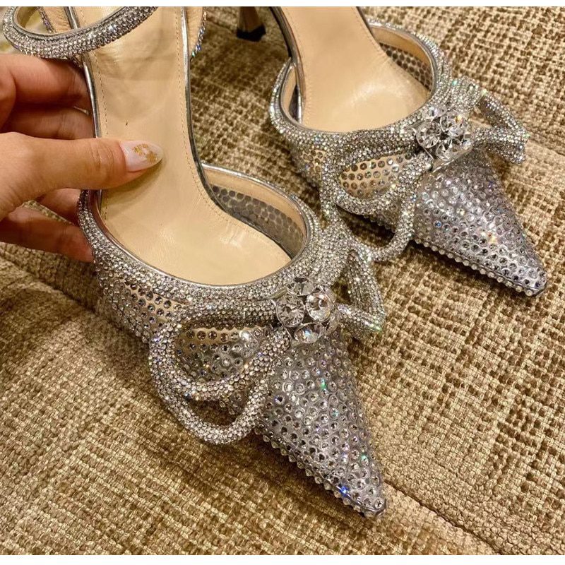 Brand Bling Bling Rhinestones Double bowknot Women Pumps Sexy Ankle Strap Thin High heels Mules Summer Wedding Bridal Shoes