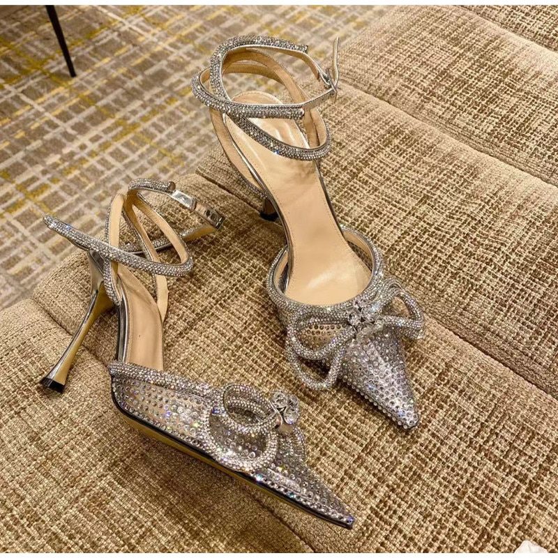 Brand Bling Bling Rhinestones Double bowknot Women Pumps Sexy Ankle Strap Thin High heels Mules Summer Wedding Bridal Shoes
