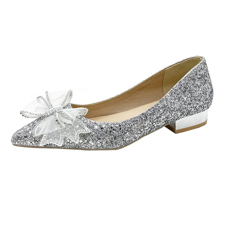 Crystal Butterfly-knot Flat Wedding Shoes Slip Shoes Women Shiny Gold Silver Bridal Shoes Beaded Flat Heels Med (3cm-5cm)