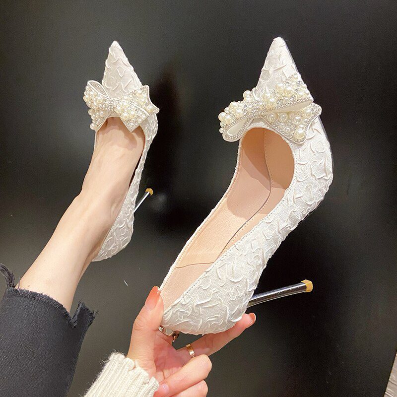 Rimocy Ladies Sexy Stiletto Heel Pearl Wedding Shoes Bride Thin High Heels White Pumps Women 2022 Pointed Toe Dress Party Shoes
