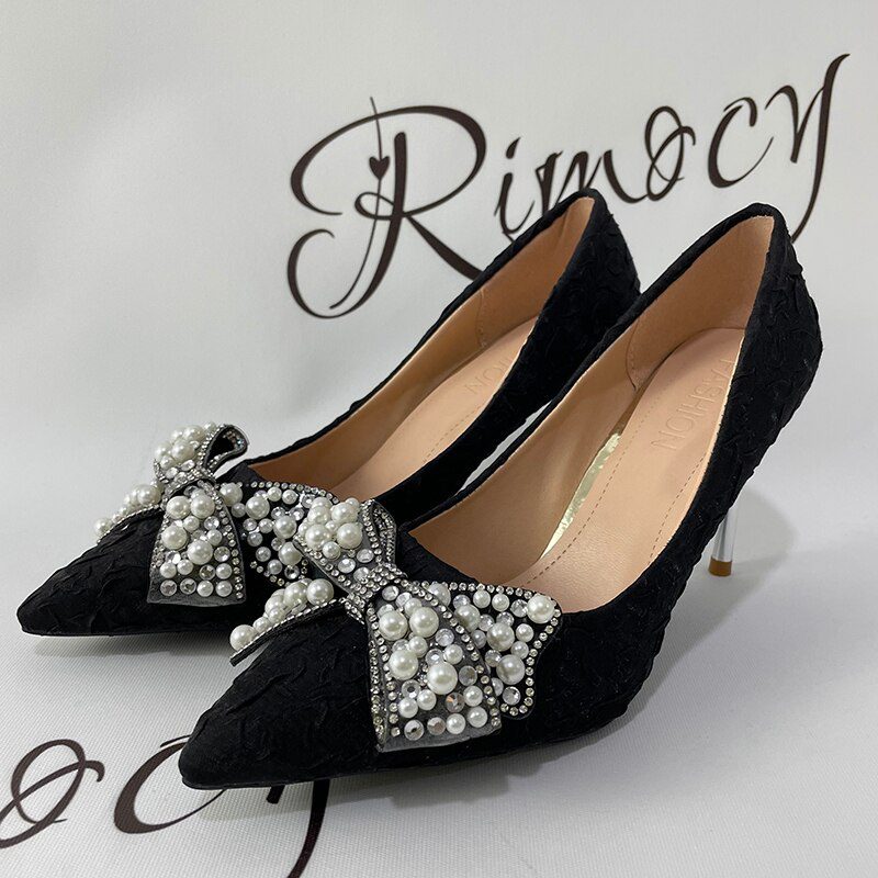 Rimocy Ladies Sexy Stiletto Heel Pearl Wedding Shoes Bride Thin High Heels White Pumps Women 2022 Pointed Toe Dress Party Shoes