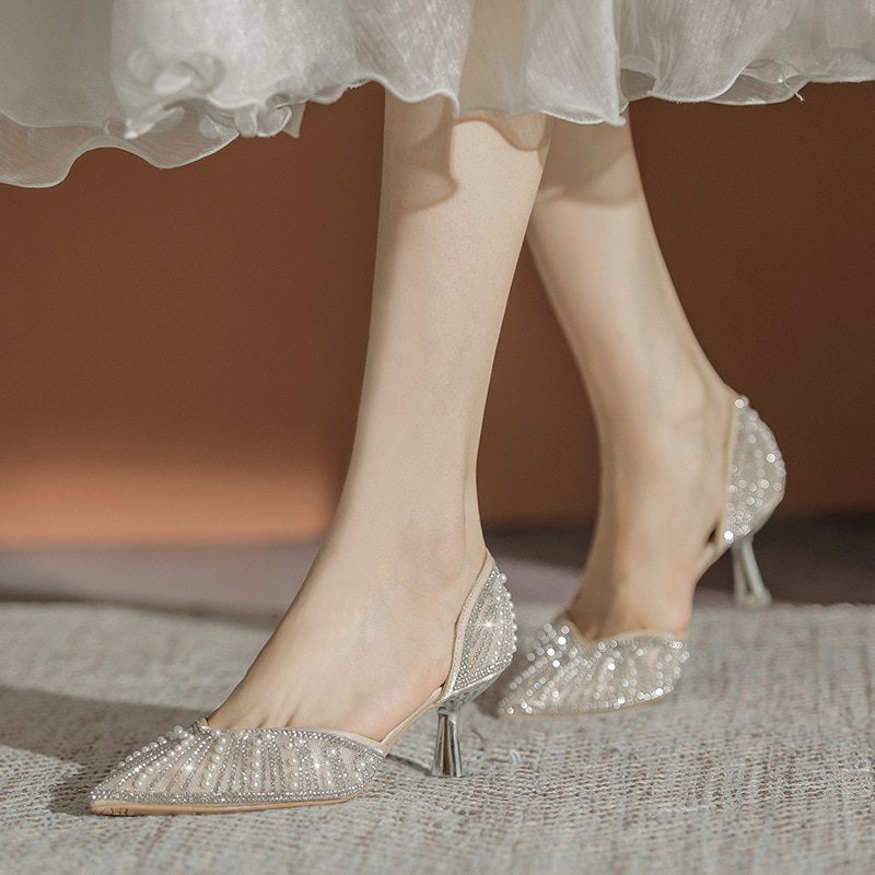 Crystal Queen 6CM Pointed Toe Bride Wedding Shoes Cinderella Prom Rhinestone Mary Janes High Heels Thin Heels Mary Jane Shoes