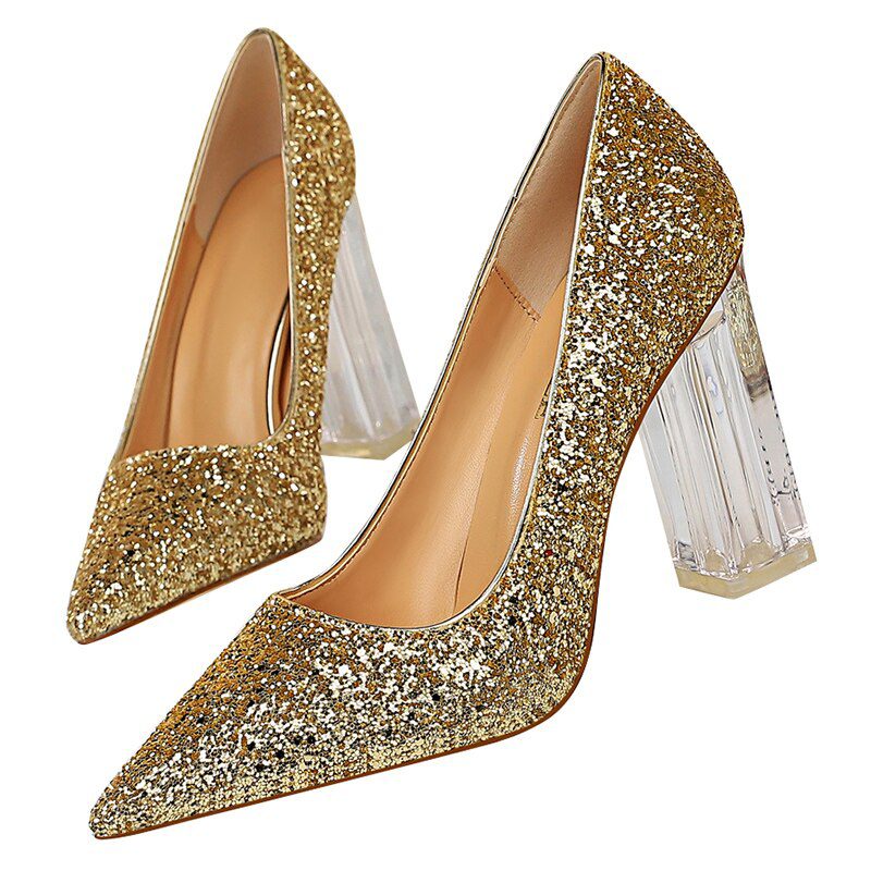Women 10cm High Heels Glitter Scarpins Gold Sequins Block Clear Heels Pumps Lady Wedding Bridal Transparent Chunky White Shoes