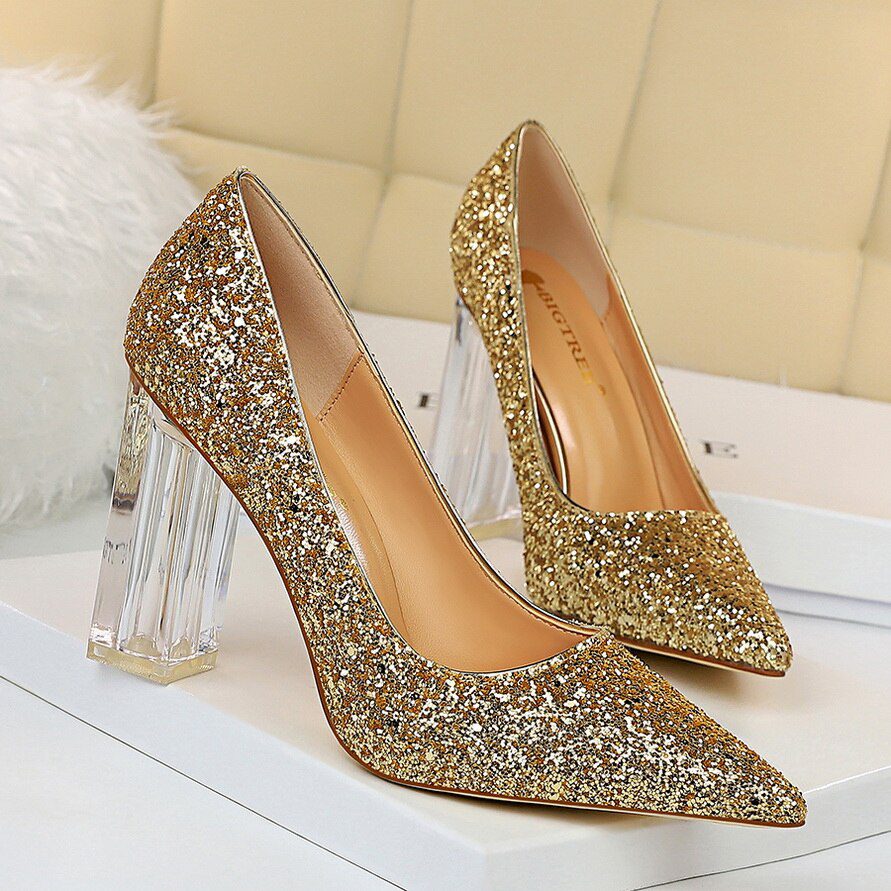 Women 10cm High Heels Glitter Scarpins Gold Sequins Block Clear Heels Pumps Lady Wedding Bridal Transparent Chunky White Shoes