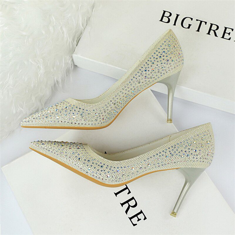 2021 Luxury Women Glitter Rhinestone Thin High Heels Pumps Bride White Silver Heels Crystal Cinderella Wedding Shoes Plus Size