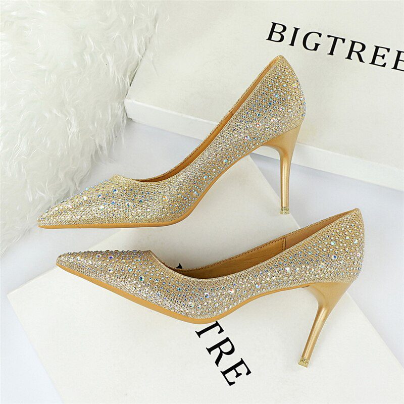2021 Luxury Women Glitter Rhinestone Thin High Heels Pumps Bride White Silver Heels Crystal Cinderella Wedding Shoes Plus Size