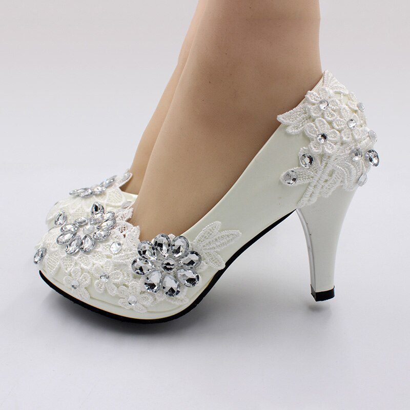 White Lace Rhinestones Wedding Shoes Bride crystal shoes Handmade Women Pumps High Heels big size 4.5/8.5cm Bridal shoes